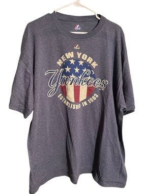 Majestic New York Yankees T-Shirt Blue Gray American Flag 1903 2XL